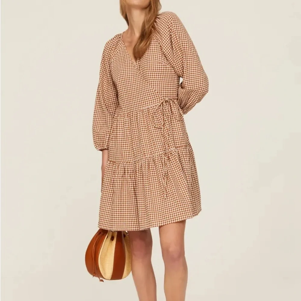 Madewell Brown Gingham puff sleeve Wrap Dress - Picture 3 of 8